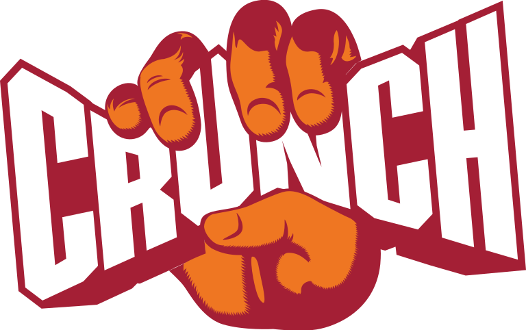Crunch fitness logo. A hand wrapped around the word "Crunch" and squeezing it.